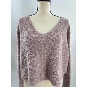 Free People Pink Mauve Boucle V Neck Pullover Crop Boxy Sweater Top Large